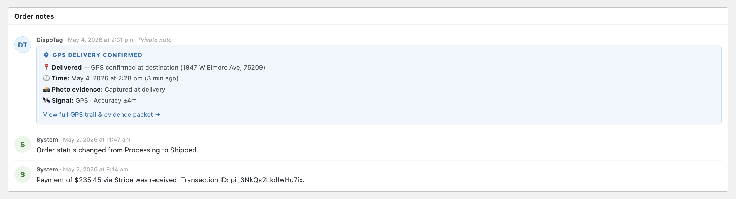 DispoTag GPS delivery confirmation in WooCommerce order notes